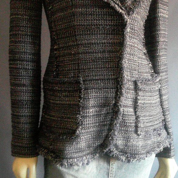 Rebecca Taylor Navy Blue Plaid Silver Lace Fringe Cotton Jacket 2 - Picture 3 of 13